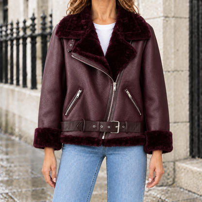 Nicole Belted Faux-Shearling Aviator Jacket - Wine Red, worn