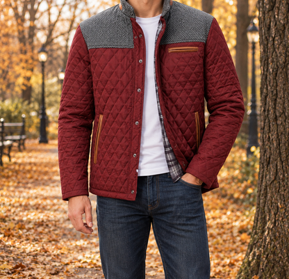 Marshall Knit-Yoke Quilted Jacket - Wine, worn