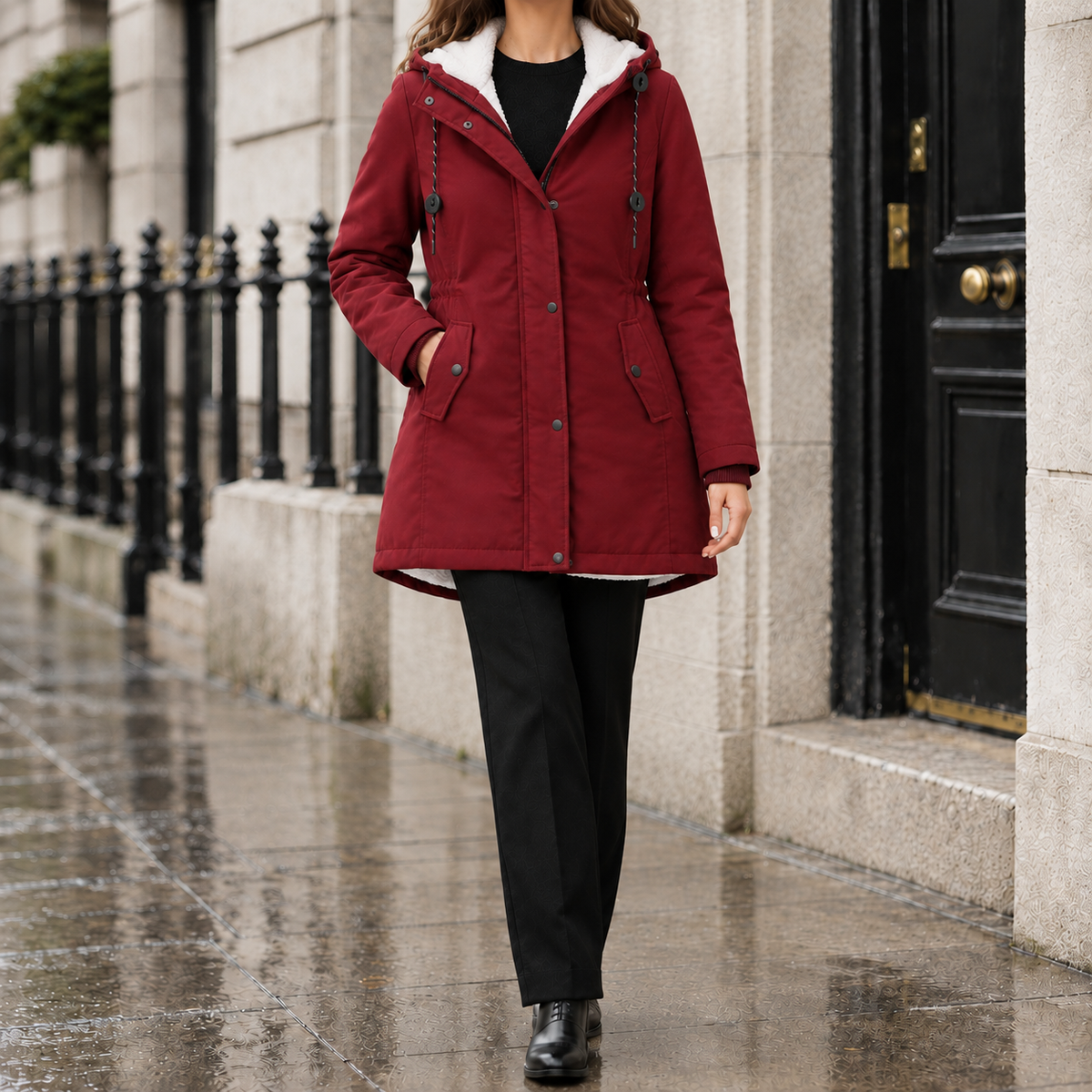 Kelly Sherpa-Lined Hooded Parka - Wine Red, worn, full coat