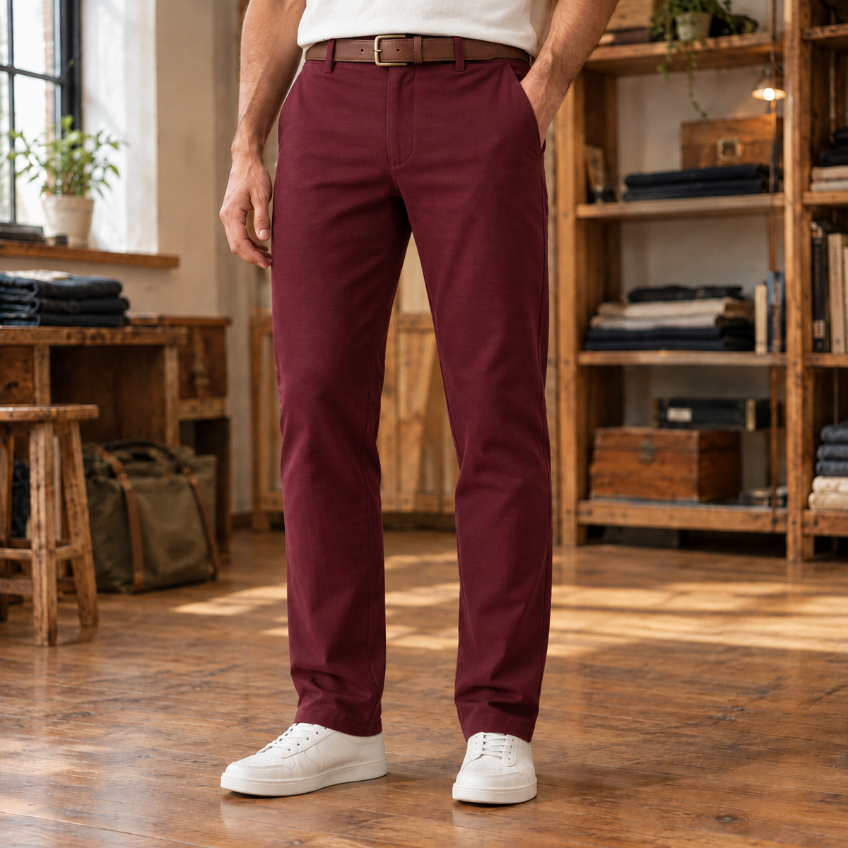 Connor Four-Way Stretch Trousers - Wine Red, worn, full trousers