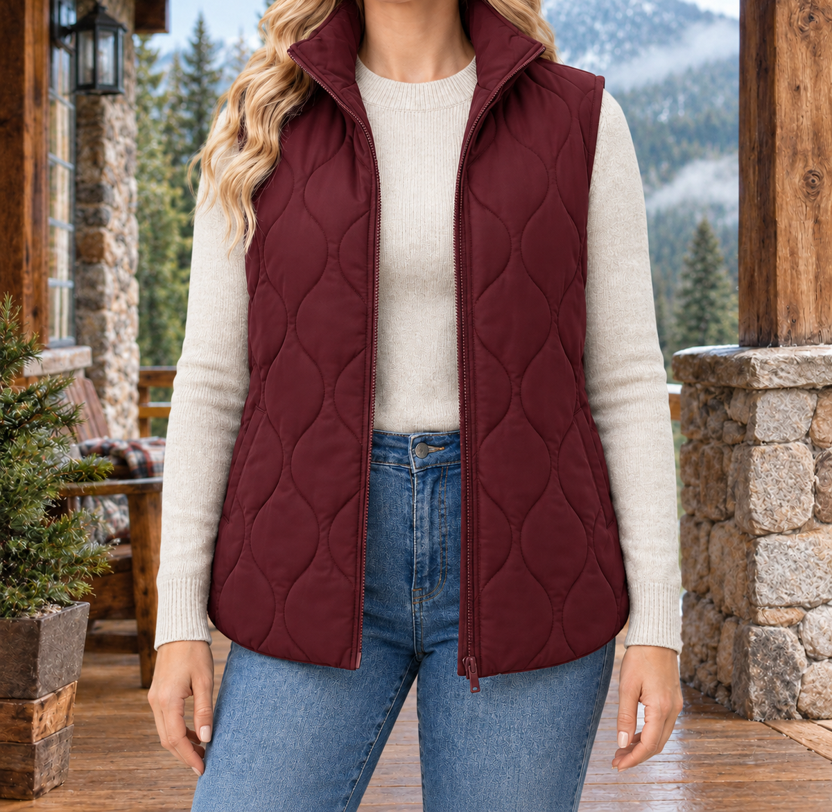 Megan Wave-Quilted Zip Vest - Wine, worn, full vest