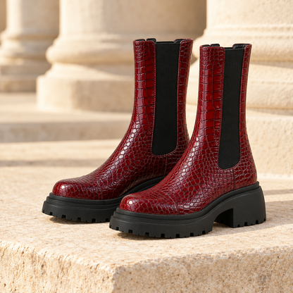 Bailey Croc-Embossed Lug-Sole Chelsea Boots - Wine Red, full pair