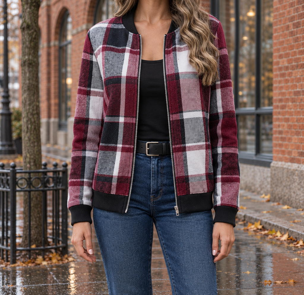 Molly Plaid Zip Bomber Jacket - Wine Red, worn, full jacket