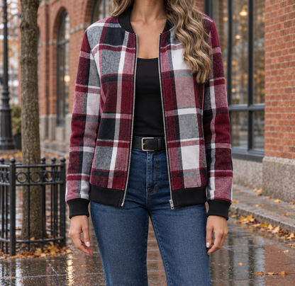 Molly Plaid Zip Bomber Jacket - Wine Red, worn, full jacket