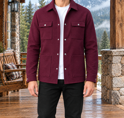 Jason Waffle-Texture Shirt Jacket - Wine Red, worn, full jacket