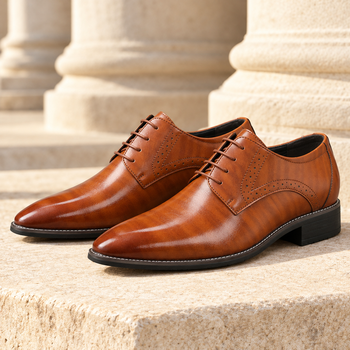 Charles Polished Brogue Dress Shoes - Yellow, full pair