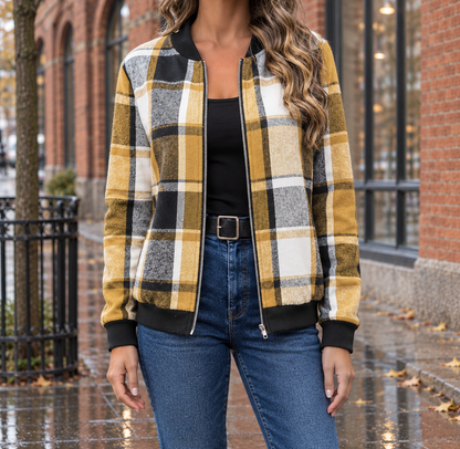 Molly Plaid Zip Bomber Jacket - Yellow, worn, full jacket