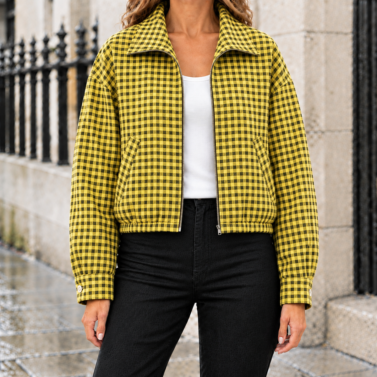 Megan Gingham Cropped Zip Jacket - Yellow, worn, full jacket