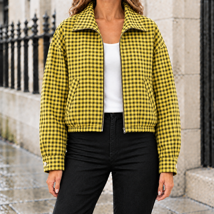 Megan Gingham Cropped Zip Jacket - Yellow, worn, full jacket